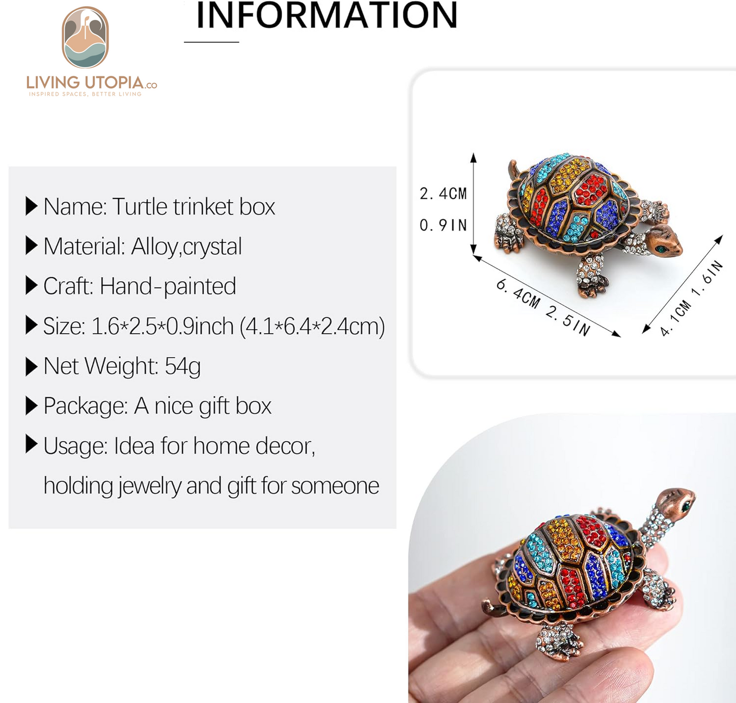 Vintage Turtle Jewelry Trinket Box Hinged,Hand-Painted Sea Animal Figurine Collectible Enamel Sea Turtle Ring Holder Crystal Studded Treasure Keepsake Box (2.5Inch,Colorful)