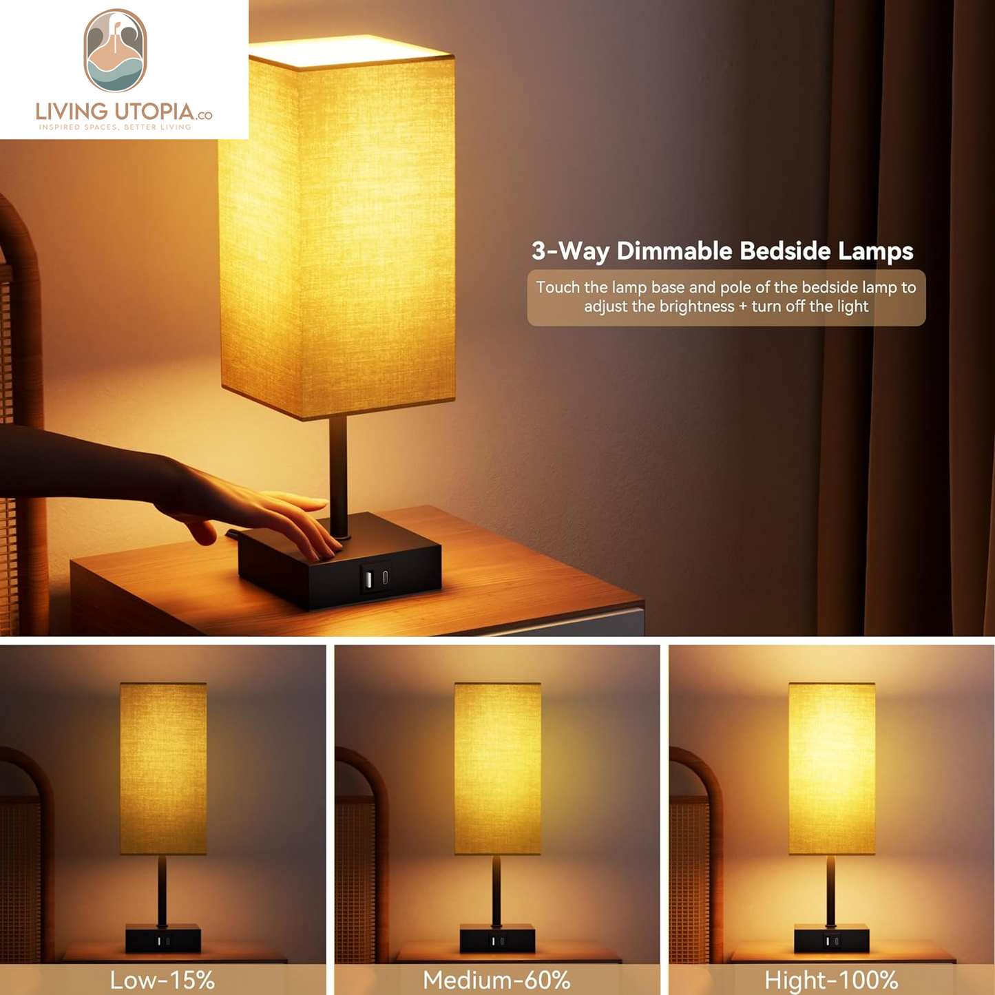 Table Lamp with USB C USB a Port,Square Touch Lamp for Bedroom with 3 Way Dimmable 2700K Warm Light, Beige Fabric Lamp Shade Small Lamp for Night Stand LED Bulb Included