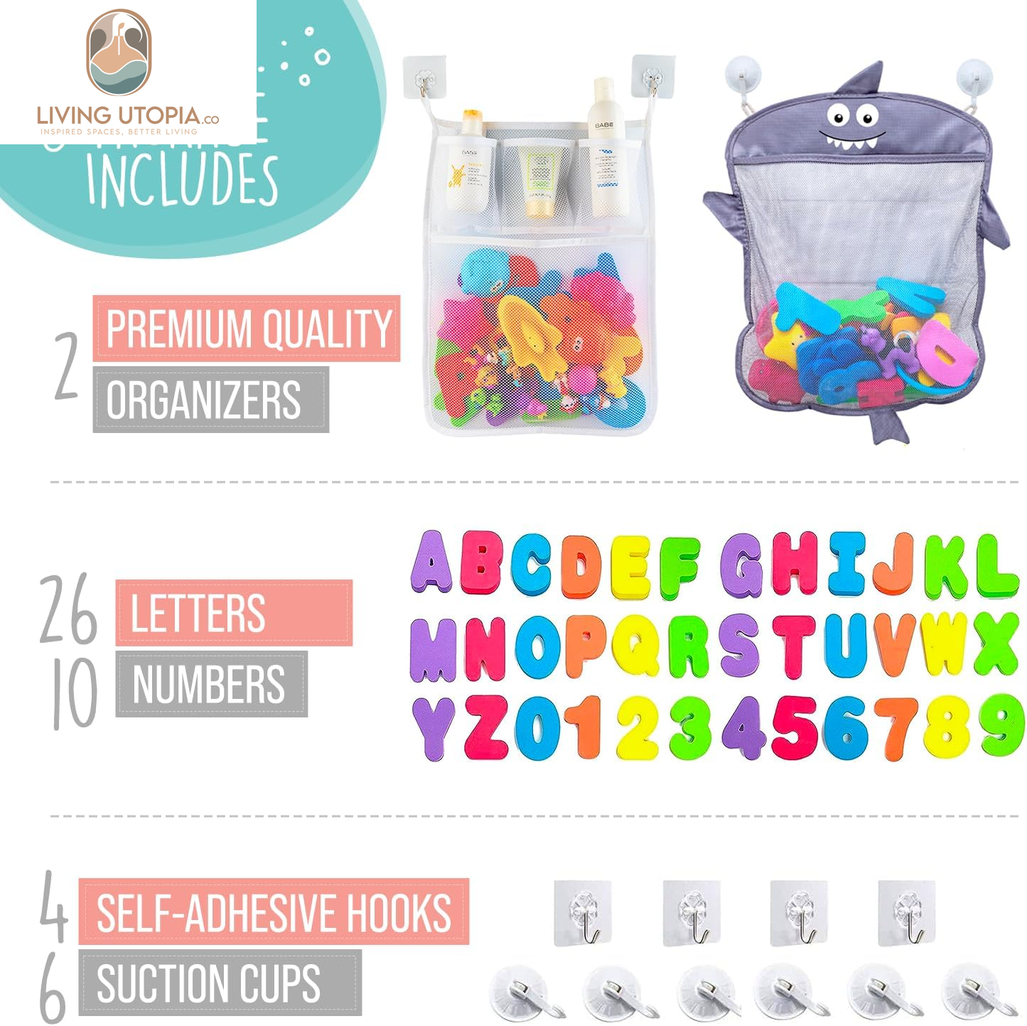 Baby Bath Toy Organizer - Shark +36 Bath Letters & Numbers +Extra Bath Toy Storage Net & 10 Strong Hooks, Great Bath Net for Kids, Cute Bathtub Toy Organizer and Bath/Shower Caddy Solution