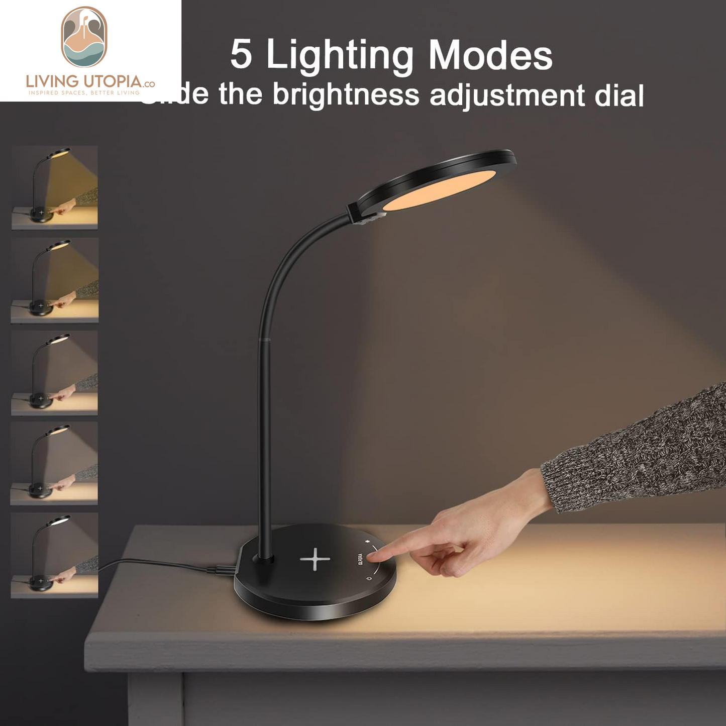 Desk Lamp, LED Desk Lamp with USB Charging Port, 5 Lighting Modes 10 Brightness Levels, Sensitive Control Eye-Caring Office Lamp Black