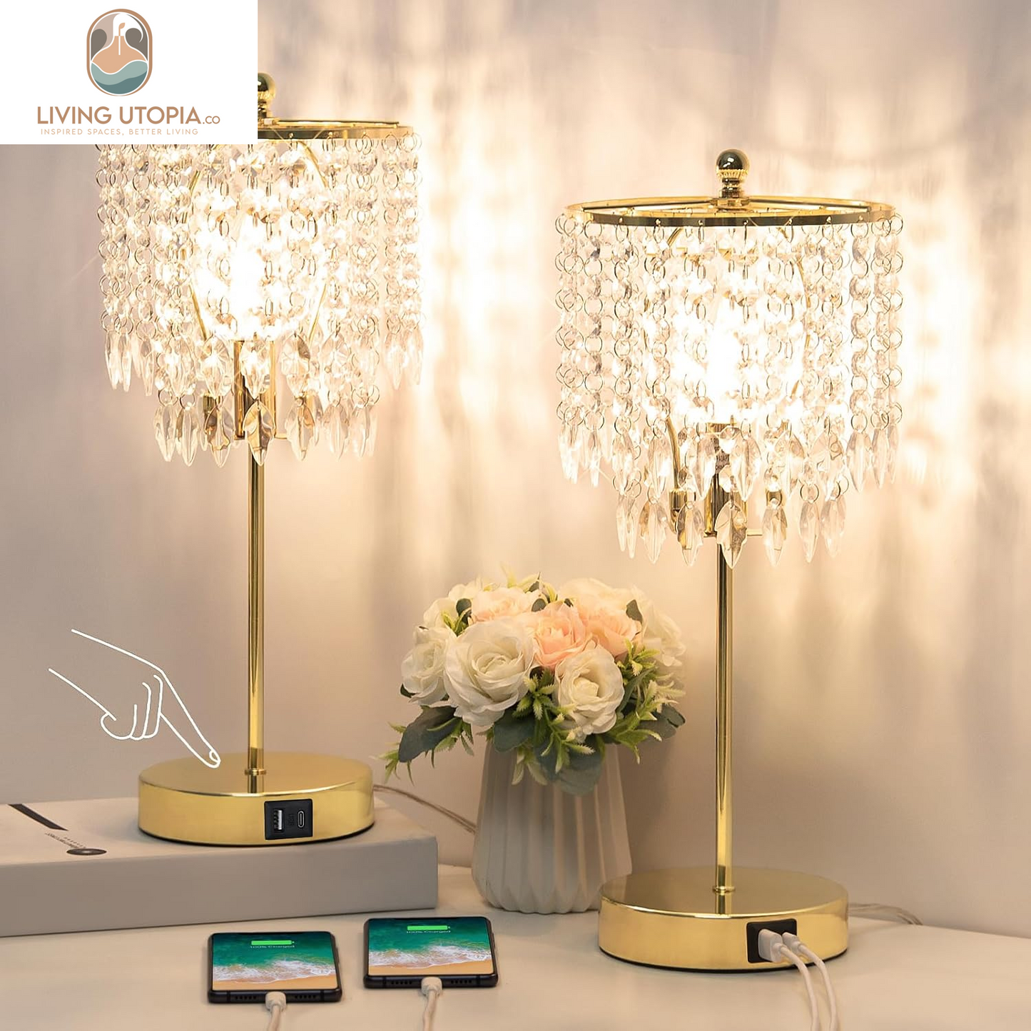 Crystal Table Lamp Set of 2, 3-Way Dimmable Nightstand Lamp with 2 USB Charging Ports, Gold Bedside Lamp for Bedroom, Touch Lamp with Elegant Shade for Living Room, B11 LED Bulb Included