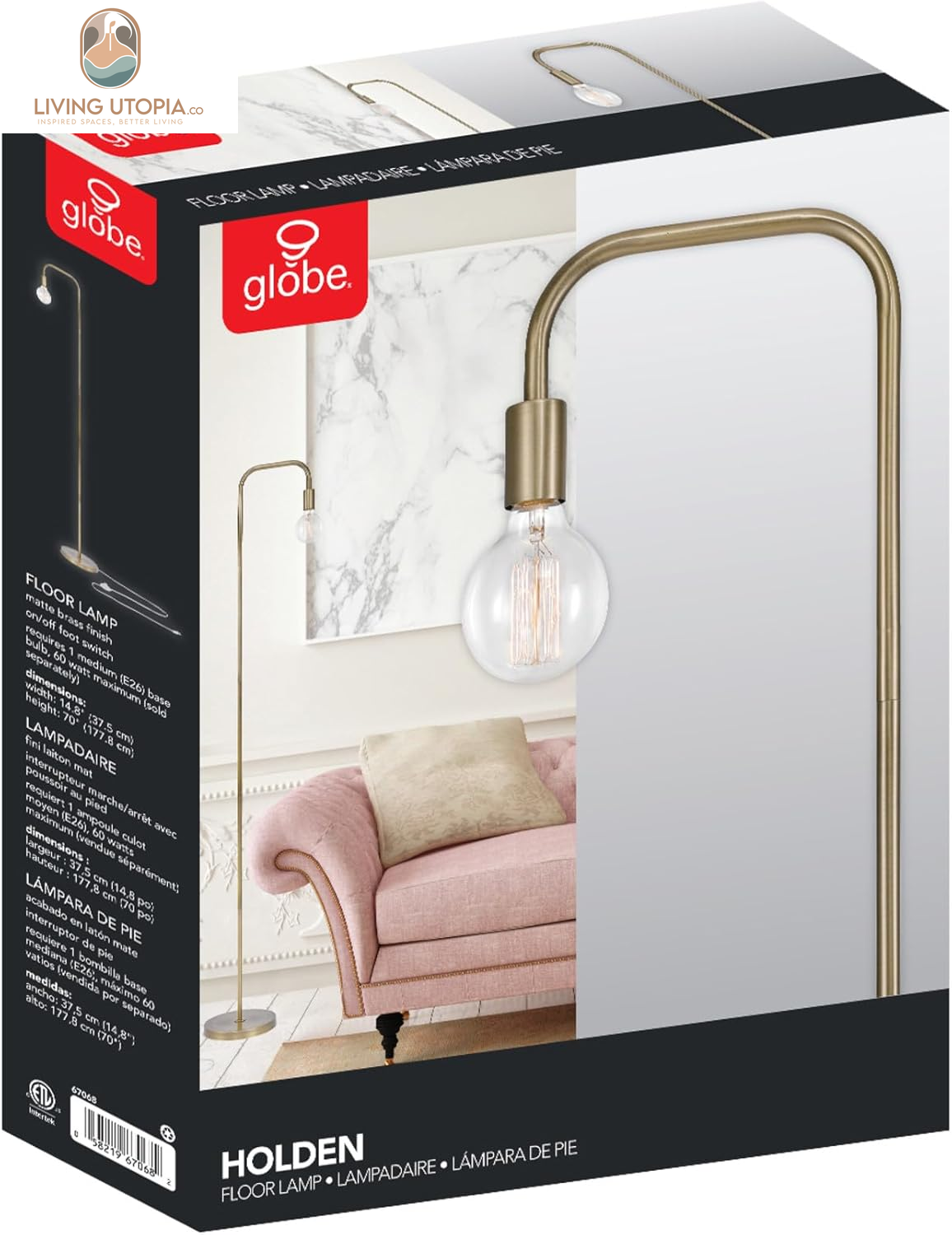 67068 Holden 70" Floor Lamp, Matte Brass, In-Line On/Off Foot Switch