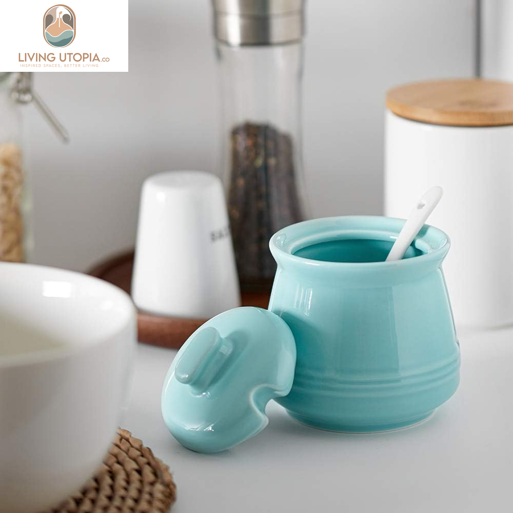 Sugar Bowl with Lid and Spoon,12Oz Ceramic Sugar Holder for Coffee Bar, Countertop, Sugar and Creamer Bowl, Kitchen Accessories and Decor, Teal