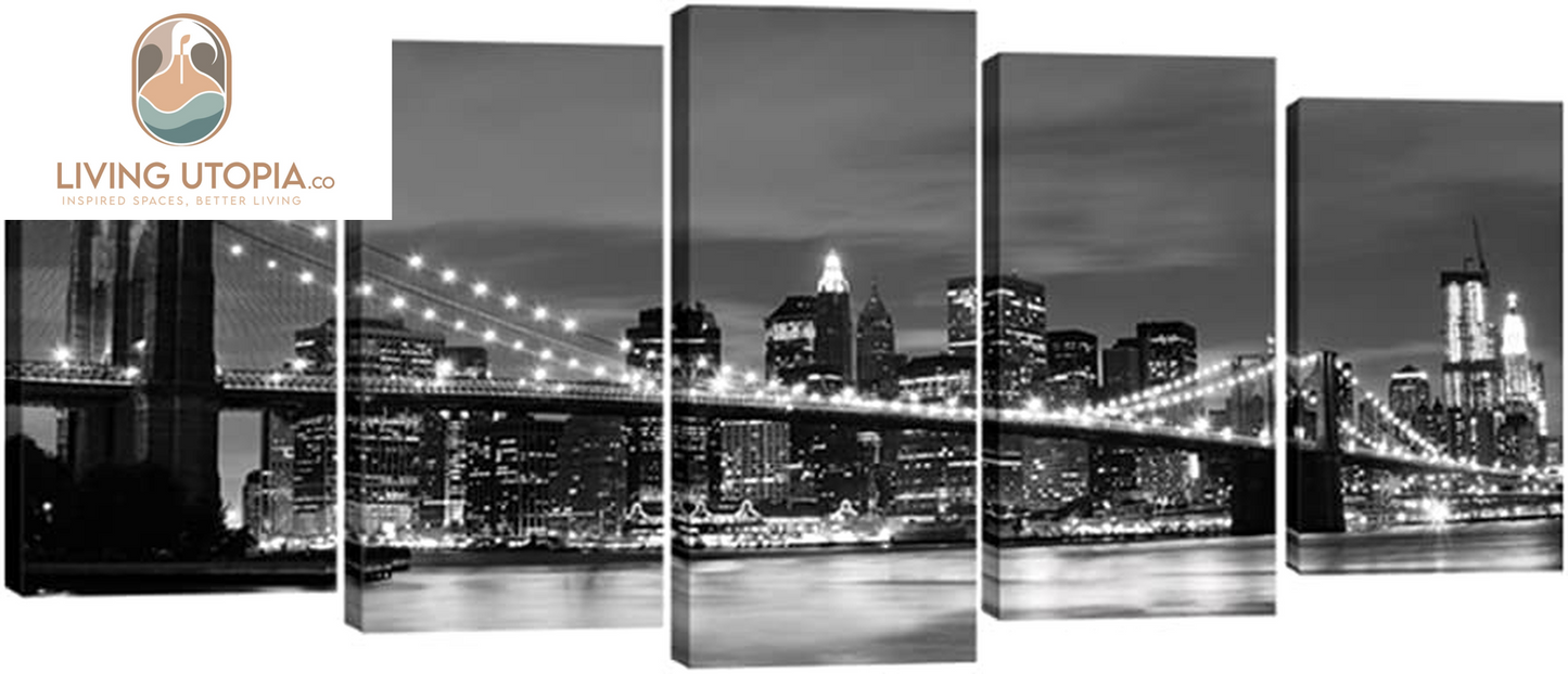 New York Brooklyn Bridge Canvas Wall Art Night View 5 Panels Modern Landscape Artwork Canvas Prints Abstract Pictures to Photo Canvas Wall Decor for Home & Office Decorations