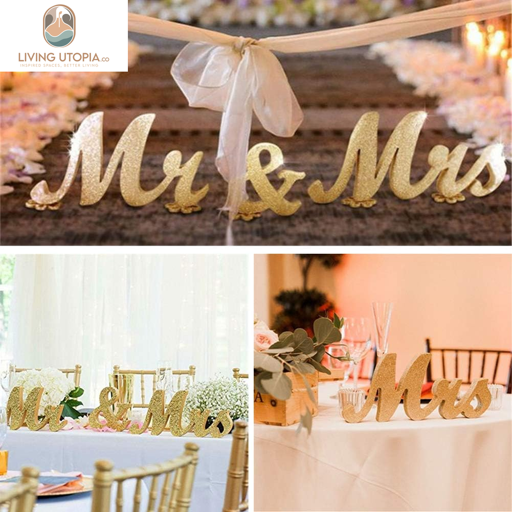 Mr and Mrs Signs Wedding Sweetheart Table Decorations Glitter Wooden Freestanding Letters for Photo Props, Rustic Wedding Decoration, Anniversary Wedding Shower Gift (Golden)