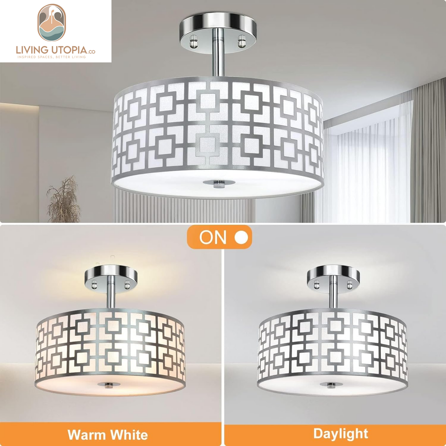 DLLT Flush Mount Ceiling Light: Modern 3-Light Brushed Nickel Kitchen Light Fixture - Drum Lighting Fixture for Dining Room - Silver Bedroom Ceiling Lamp with Double Shade