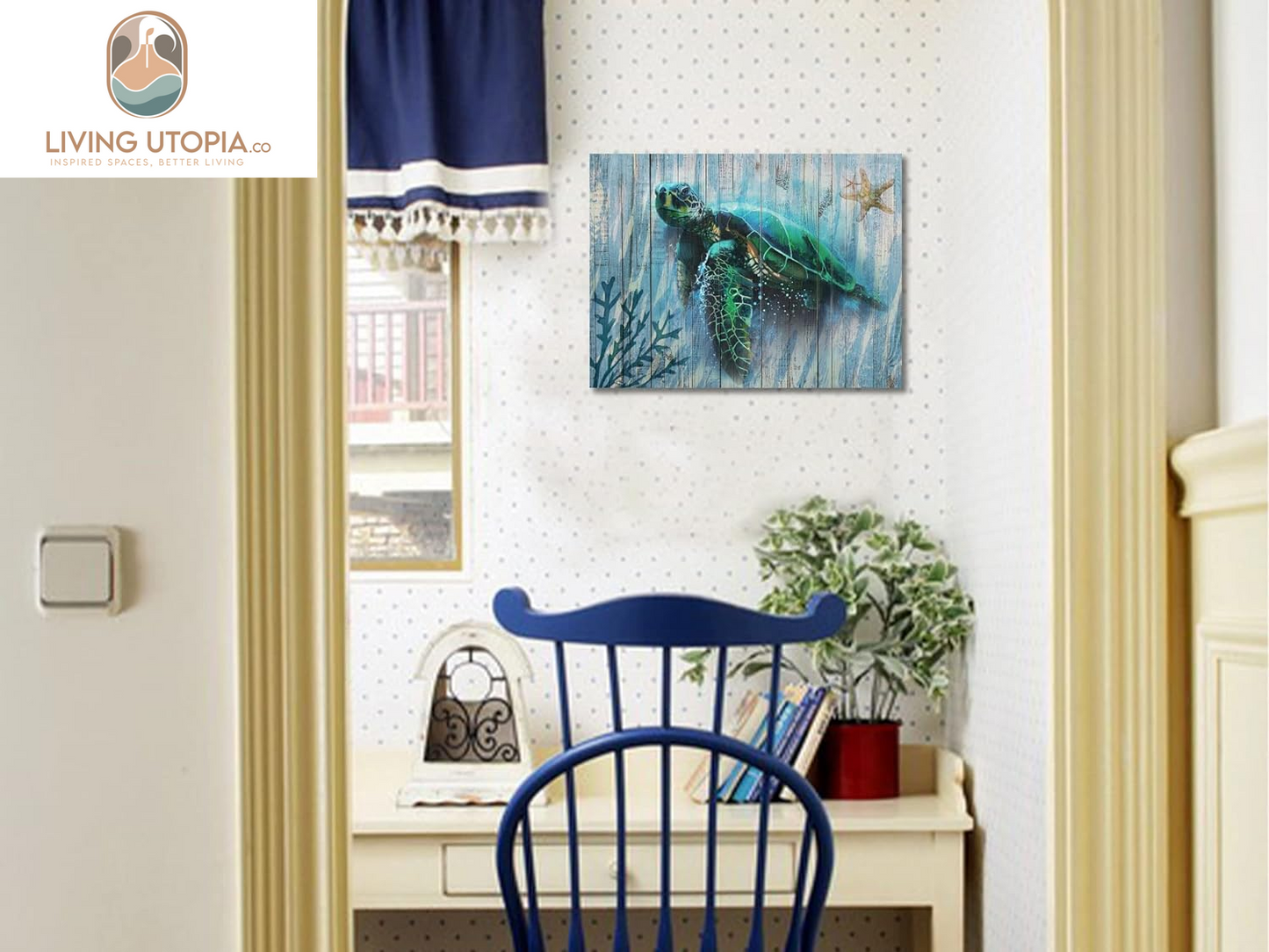 Bathroom Decor Blue Wall Art Canvas Green Sea Turtle Teal Submarine Picture, Blue Modern Landscape Painting Framed for Living Room Bedroom Home Office Wall Decor, 16"X12"