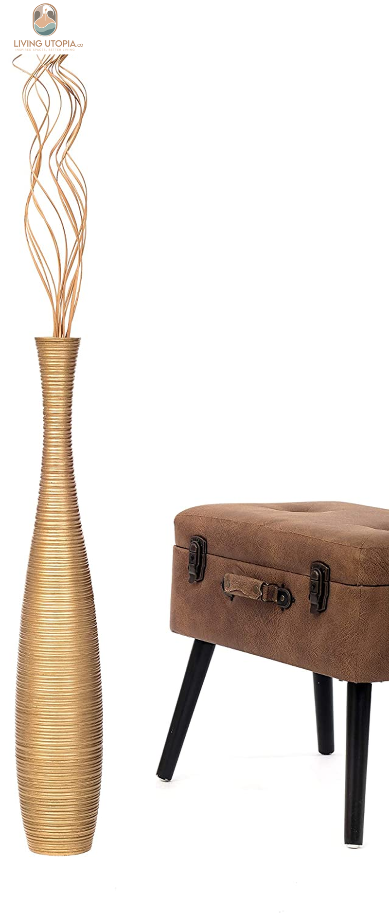 Large Floor Vase – Handmade Flower Holder Made of Wood, Sophisticated Tall Vase for Decorative Branches, Pampas Grass and Dried Flowers, 28 Inches, Gold