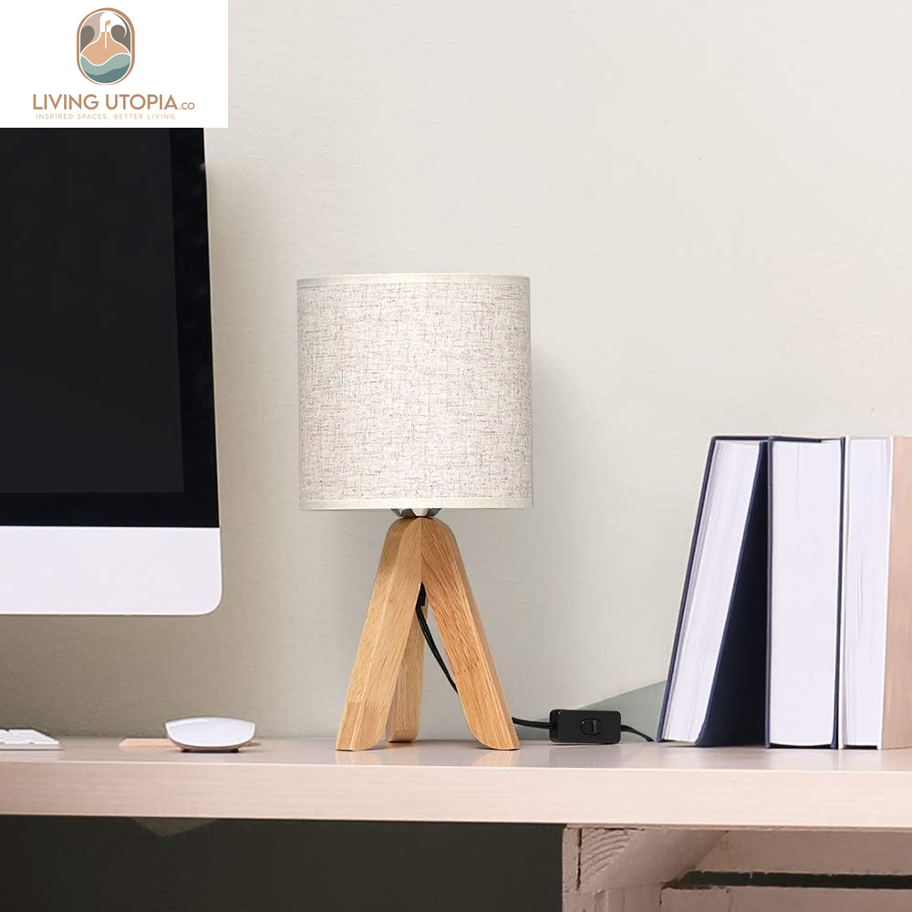 Small Bedside Table Lamp - Wooden Tripod Nightstand Lamp for Bedroom, Living Room, Office, Home with Fabric Linen Shade - 13.4 Inches (Without Bulb)