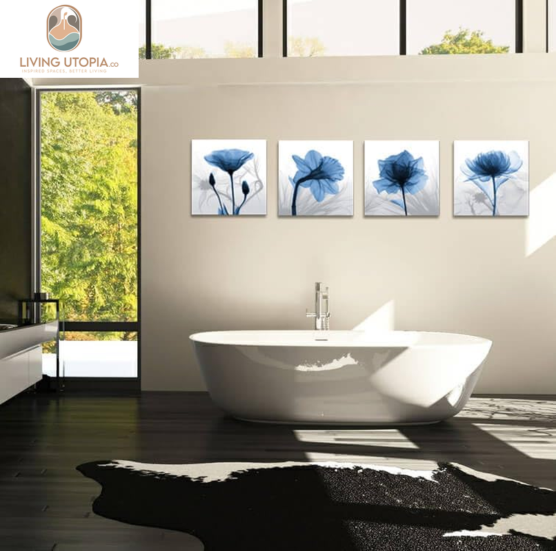 Wall Decorations for Living Room Decor - 4 Panel Elegant Tulip Flower Canvas Print Wall Art Paintings for Dining Room Wall Decor and Modern Framed Art Home Decor Size: 12X12Inchx4Pcs Blue Flower Print