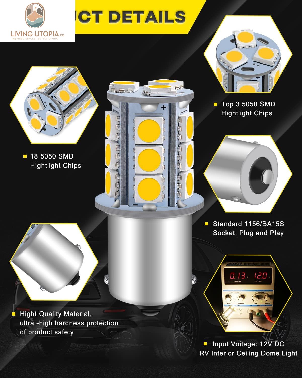 1156 LED Bulb Warm White 1141 LED Bulbs RV Light Bulbs Interior 1073 7506 1003 BA15S Bulb for 12V Camper Travel Trailer Boat Motorhome Interior Lights, Pack of 10