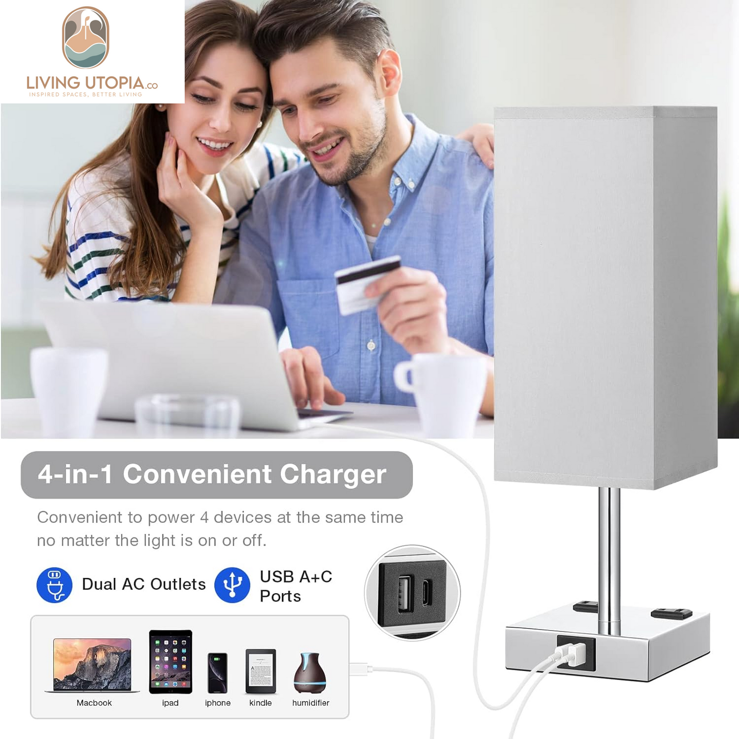 【Upgraded】Bedside Table Lamp Touch Control, with USB C+A Charging Ports & Dual AC Outlets, 3-Way Nightstand Lamp for Bedroom with Lampshade Living Room Office(Led Dimmable Bulb Included)