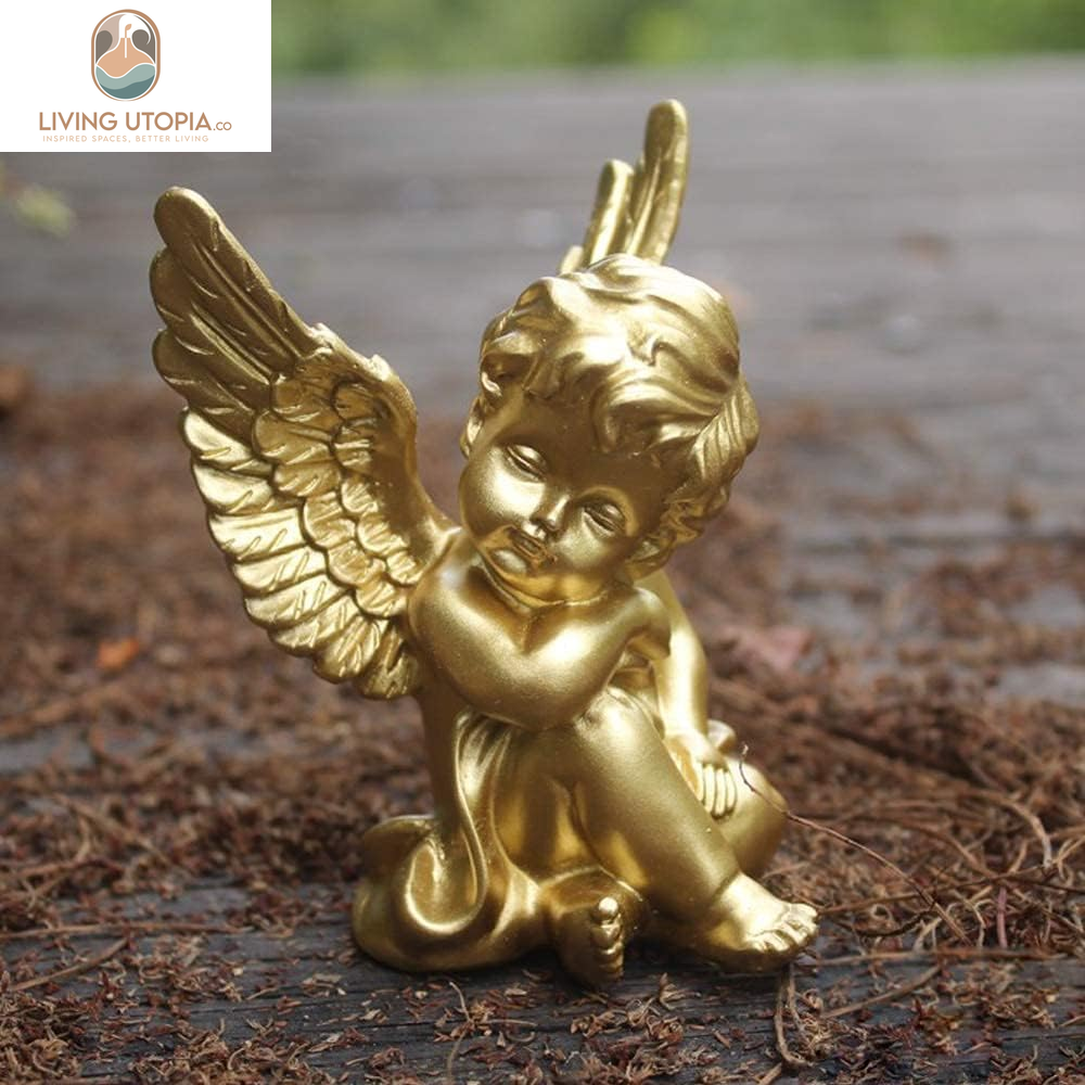 Set of 2 Cherubs Angels Resin Statue Figurine, Indoor Home Decoration, Adorable Angel Sculpture Memorial Statue 4" - Gold