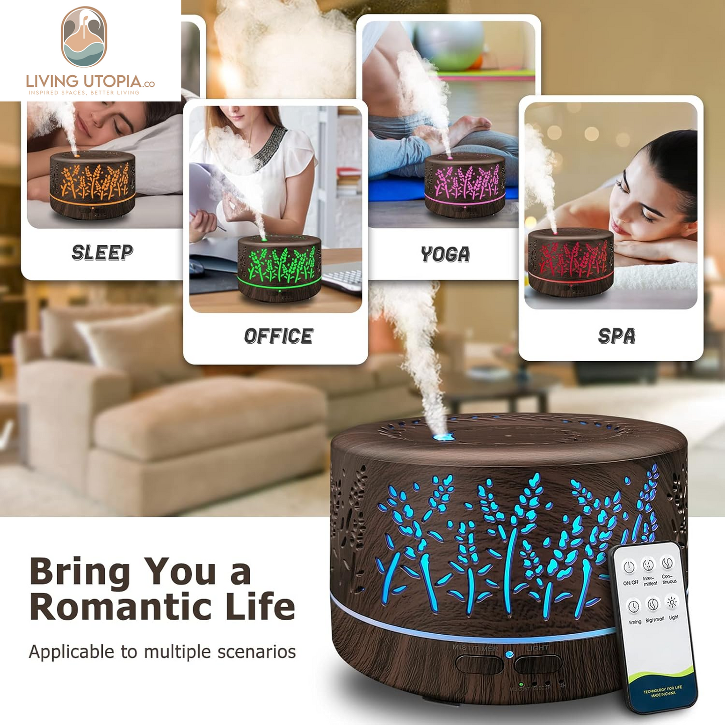 Diffusers for Essential Oils Large Room 600Ml,Essential Oil Diffusers for Home with R/C,Cool Mist Humidifier,7 Colors Lights & 3 Mist Mode Waterless Auto off for Office