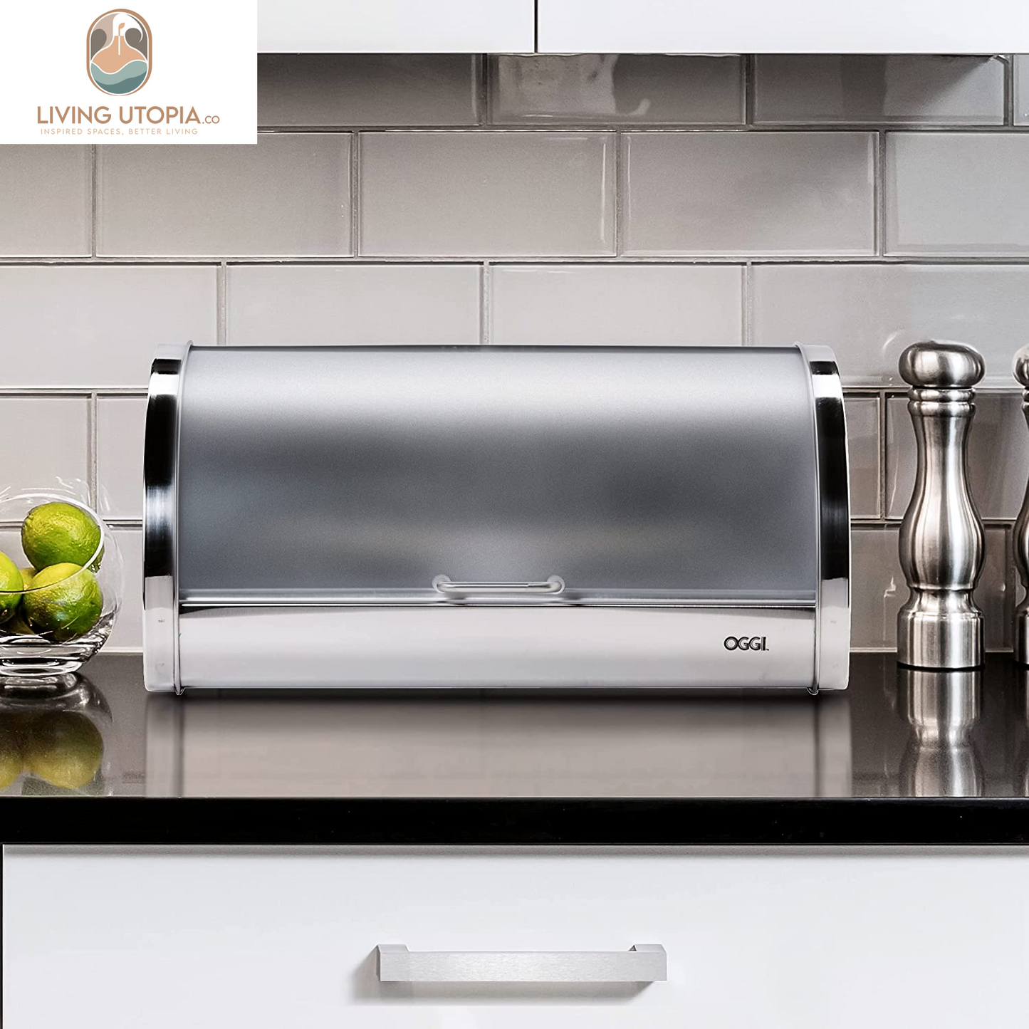 Stainless Steel Roll Top Bread Box for Kitchen Countertop with Frosted Plexilass Lid - Fits Multiple Loaves of Bread and Other Freshly Baked Goods Including Cookies, Bagels, Muffins