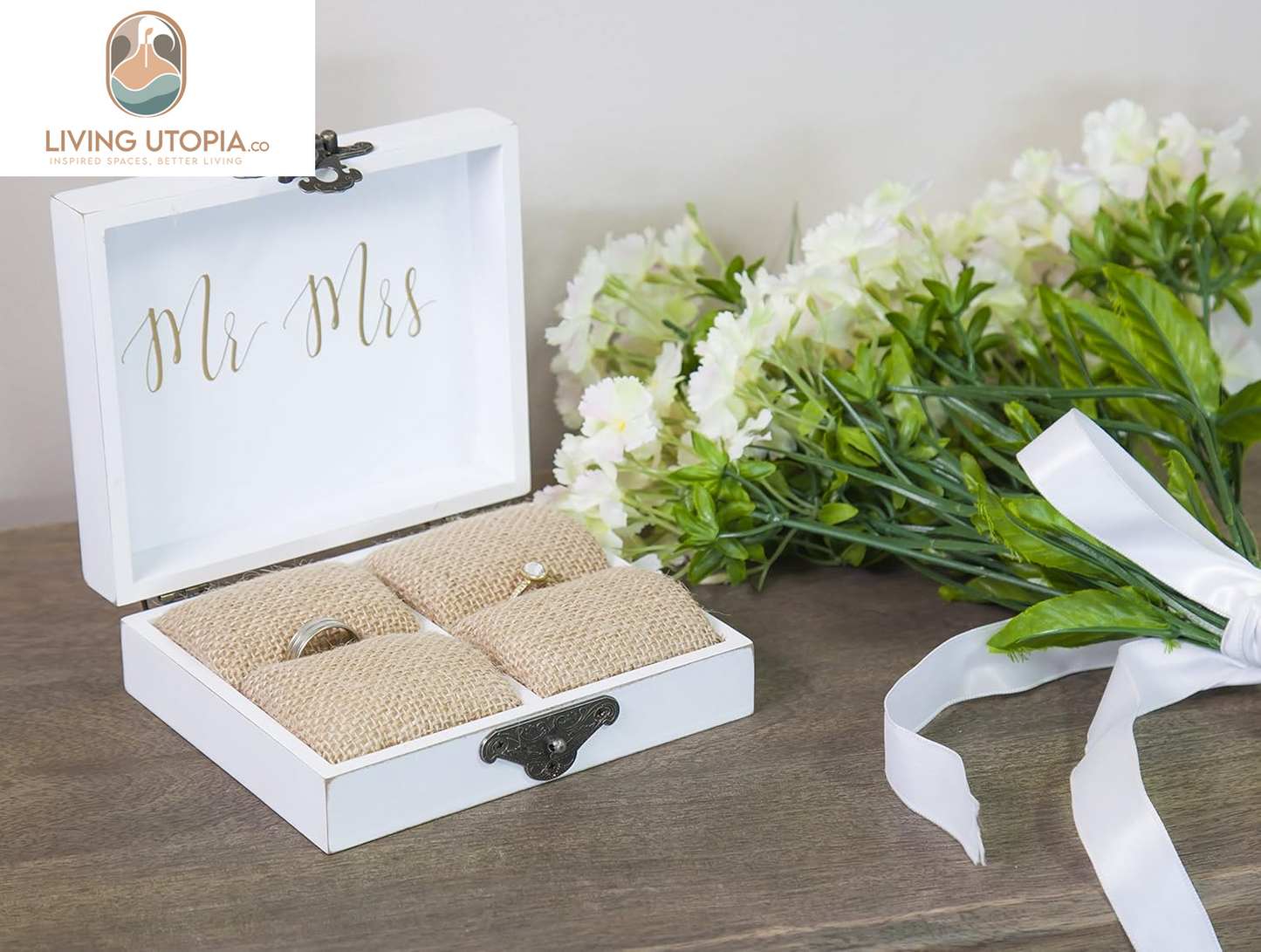 “With This Ring, I Thee Wed” Wooden Double Ring Holder | Mr. and Mrs. Decorative Ring Case for Wedding Ceremony Engagement Proposal | Ring Bearer Box for Anniversary Birthday Gift Ideas