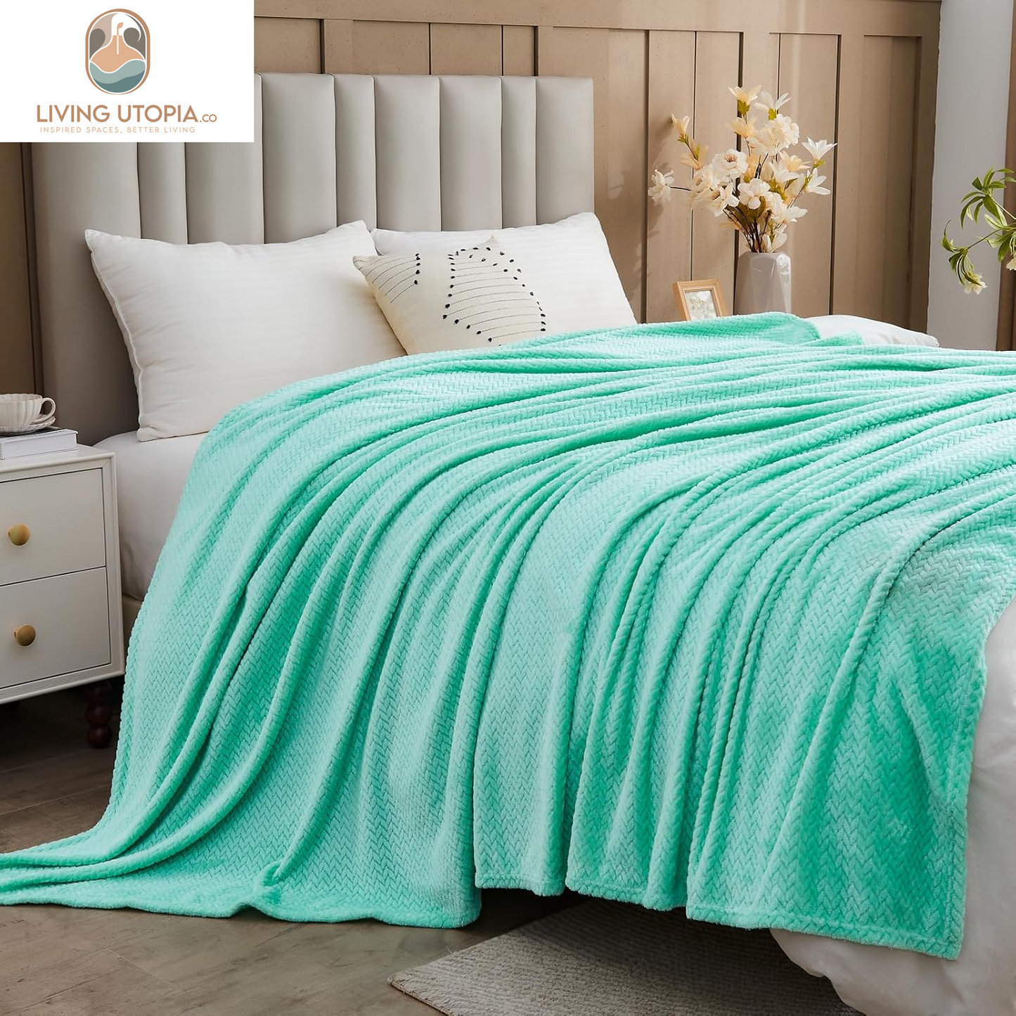 Super Soft Throw Blanket Aqua Premium Silky Flannel Fleece Leaves Pattern Lightweight Bed Blanket All Season Use (Aqua, Throw(40"X50"))