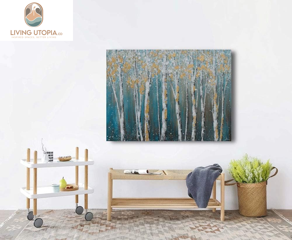 Birch Tree Canvas Wall Art Hand Painted Teal and White Color Painting with Gold Foil Modern Forest Pictures for Living Room Bedroom Office Decoration