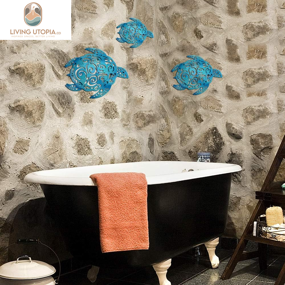 Set of 3 Metal Sea Turtle Beach Theme Decor Wall Art Decorations for Indoor Outdoor Bathroom Garden
