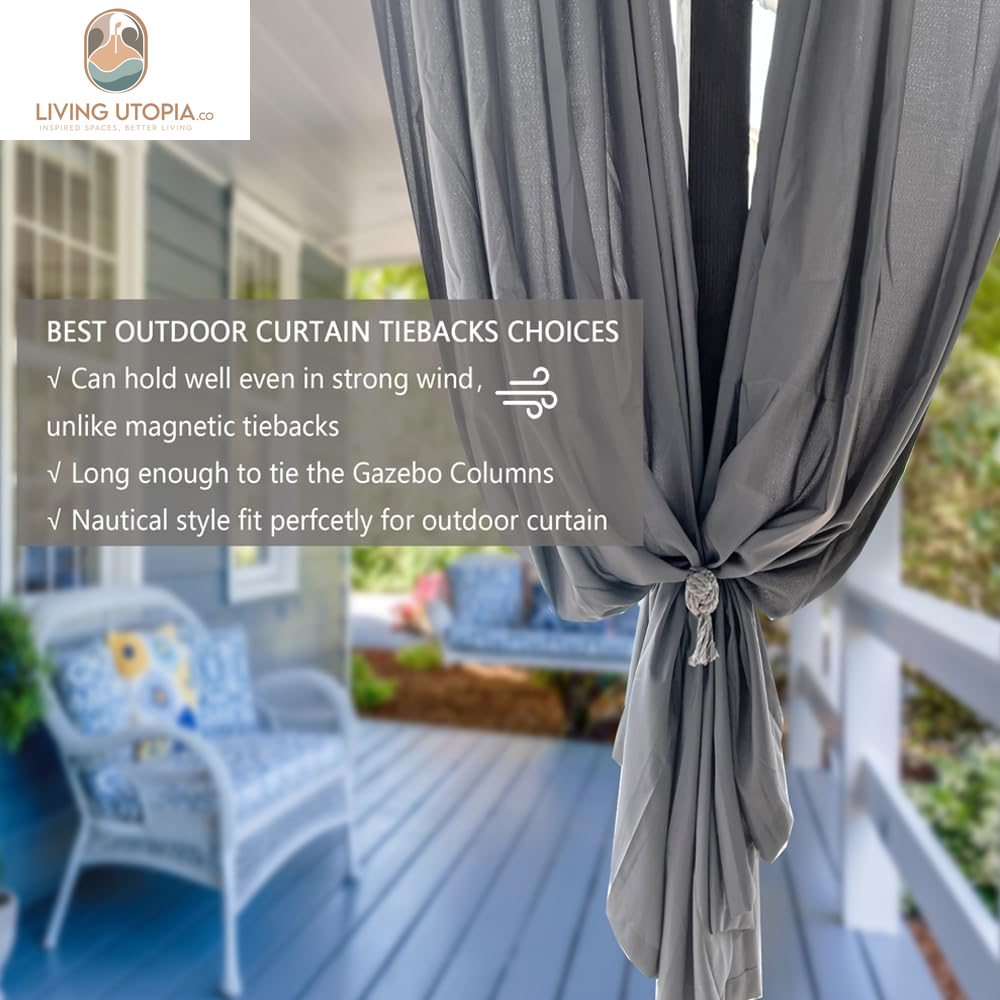 2 Pack Rustic Curtain Tiebacks - Outdoor Curtain Drapery Holdbacks Holders - Hand Knitting Cotton Rope Drape Tie Backs for Sheer and Blackout Curtain(Set of 2, Grey)