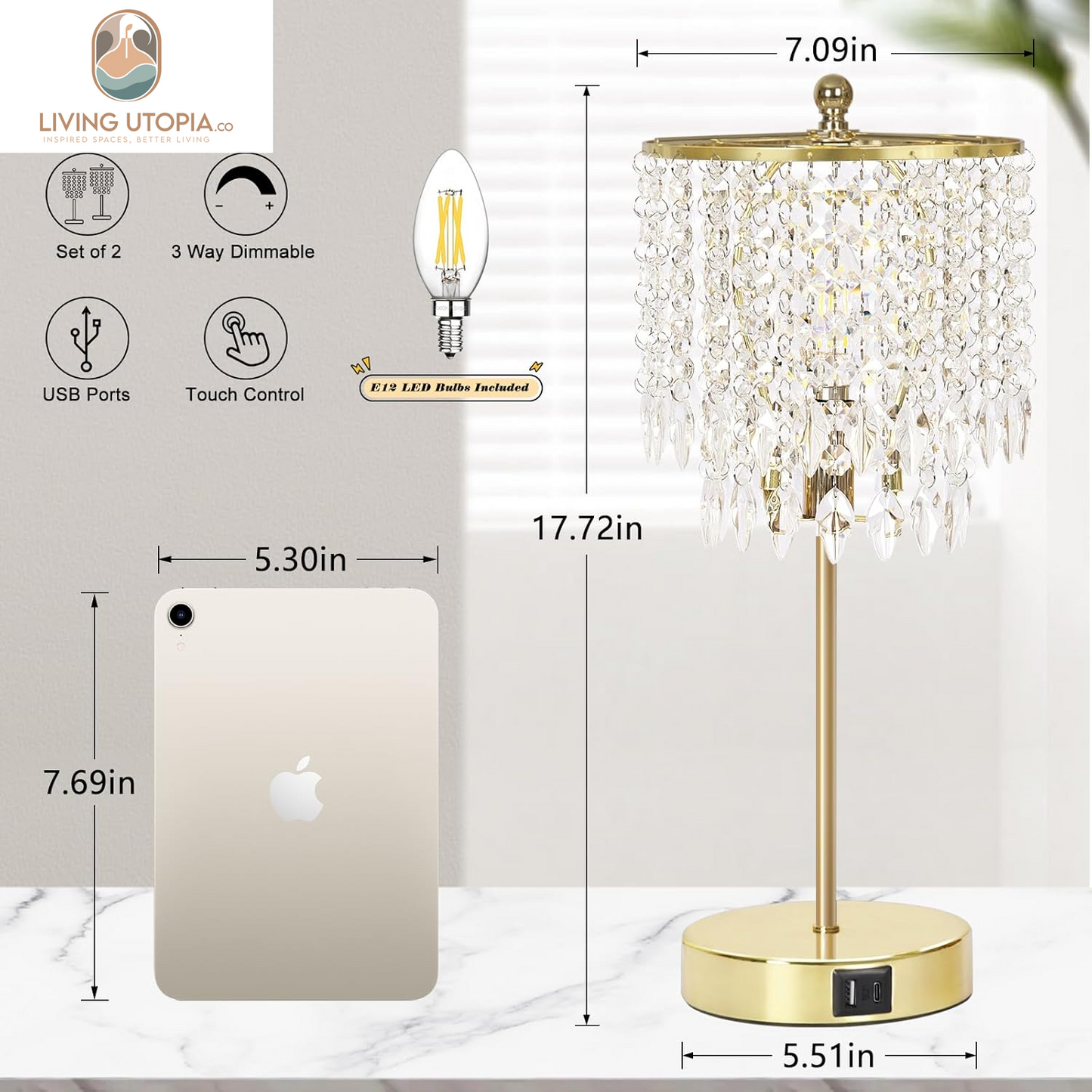 Crystal Table Lamp Set of 2, 3-Way Dimmable Nightstand Lamp with 2 USB Charging Ports, Gold Bedside Lamp for Bedroom, Touch Lamp with Elegant Shade for Living Room, B11 LED Bulb Included