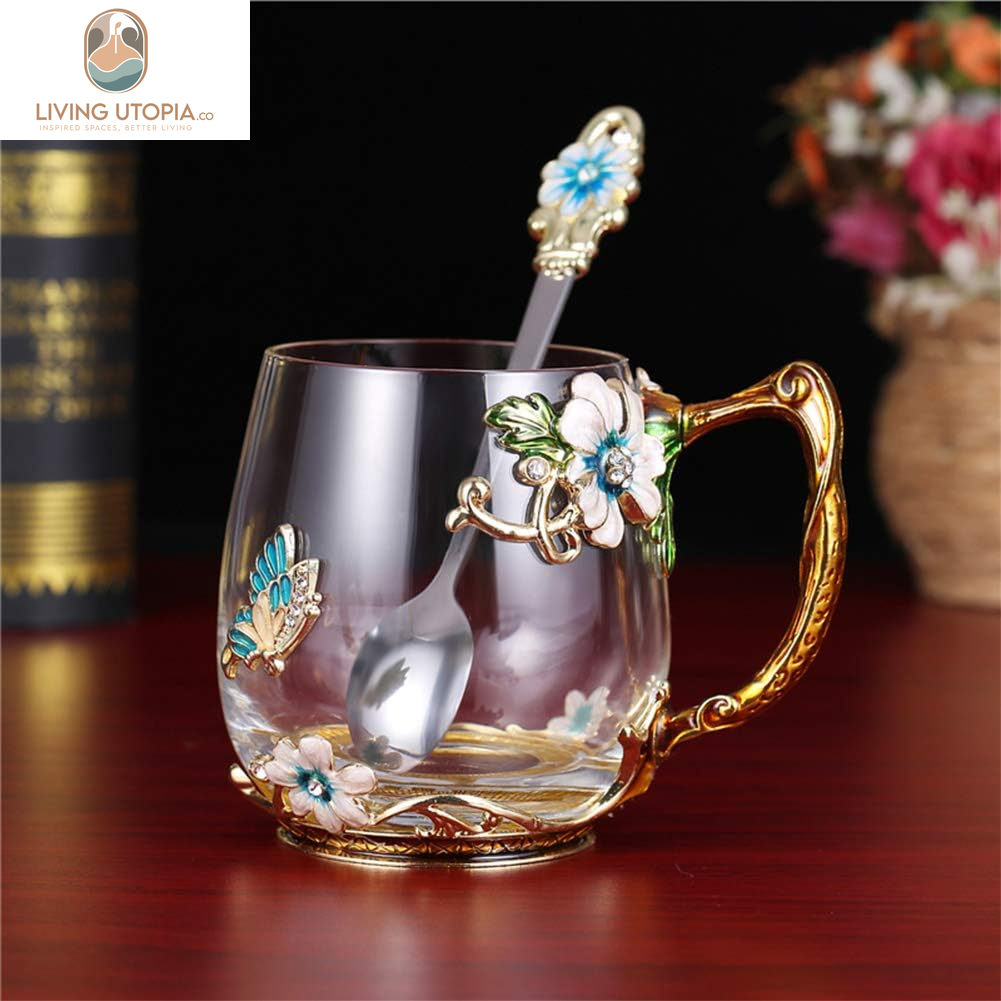 Tea Cup Glass Coffee Mugs(12 Oz), Handmade Enamel Cups with Spoon Set, Mother'S Day Gifts for Mom/Grandma, Birthday Wedding Anniversary Christmas Gifts for Women. (Light Blue, Short)