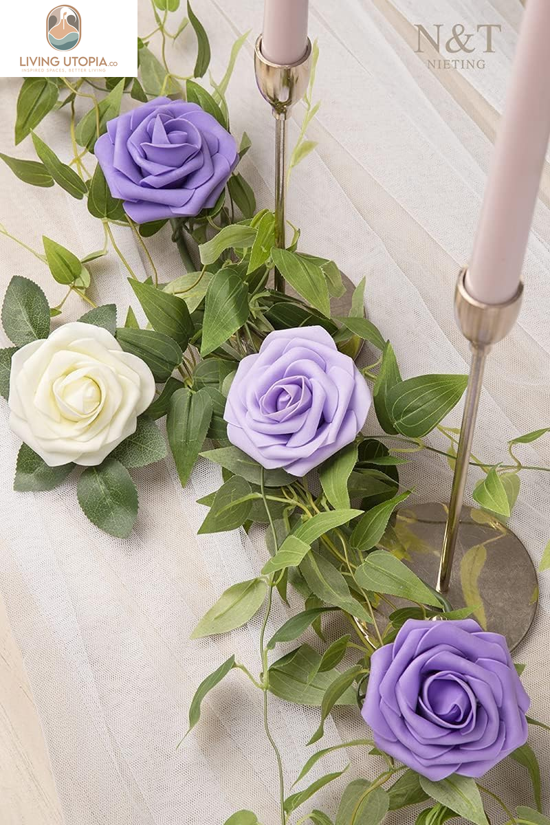 Artificial Flowers, 25Pcs Fake Flowers Rose Perfect for DIY Wedding Bridesmaid Bridal Bouquets Centerpieces Home Flower Arrangement Decoration, Series Purple