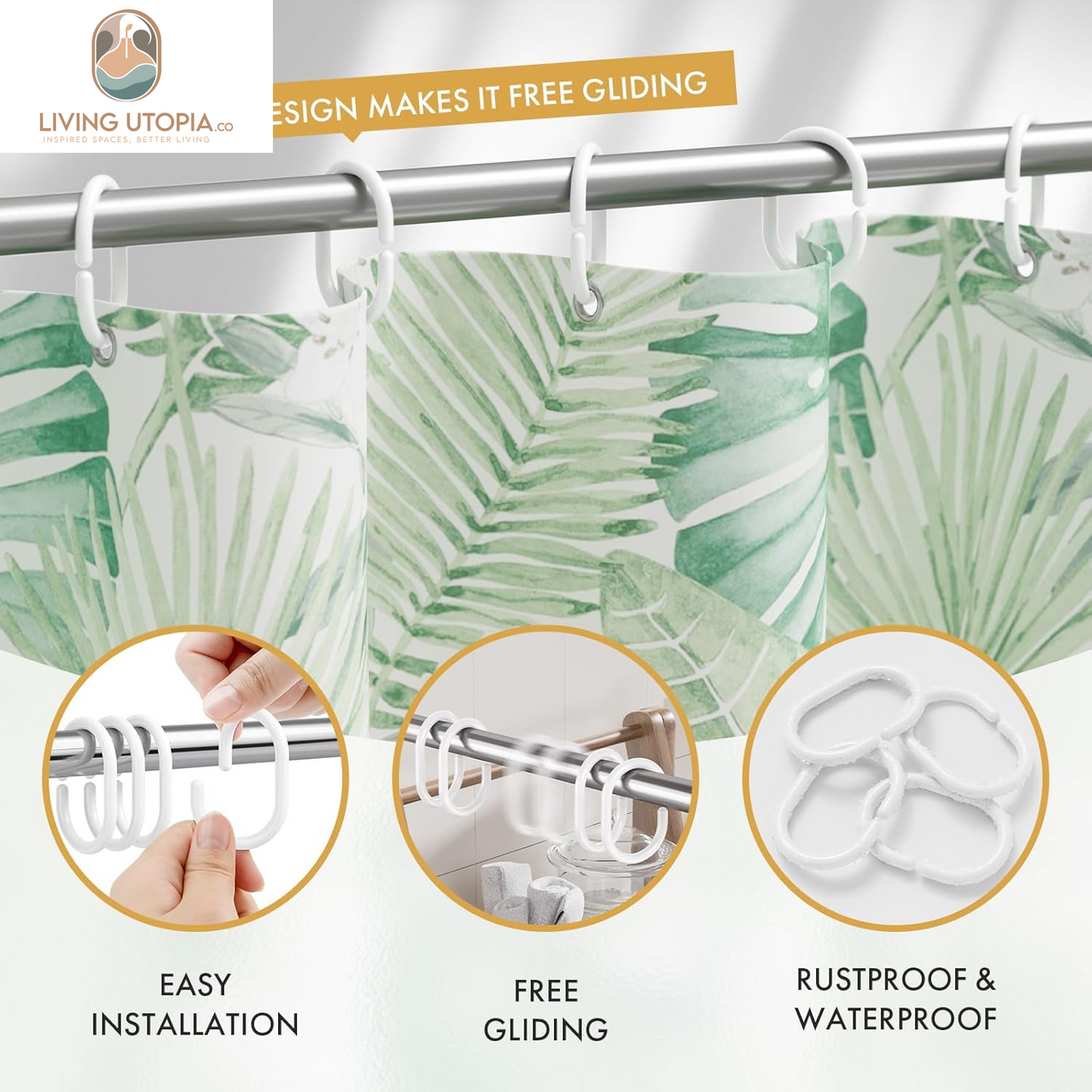 White Shower Curtain Hooks Rings, 24 Pcs Plastic Shower Curtain Rings, Plastic Shower Curtain Hooks for Bathroom Shower Rod, White Shower Hooks Rings Loops for Shower Curtain