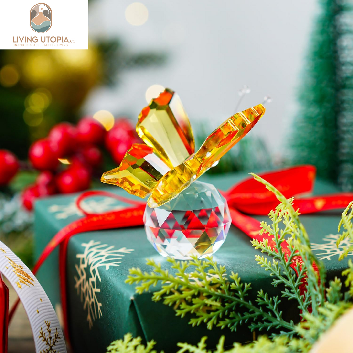 Crystal Flying Butterfly with Crystal Ball Base Figurine Collection Cut Glass Ornament Statue Animal Collectible (Yellow)