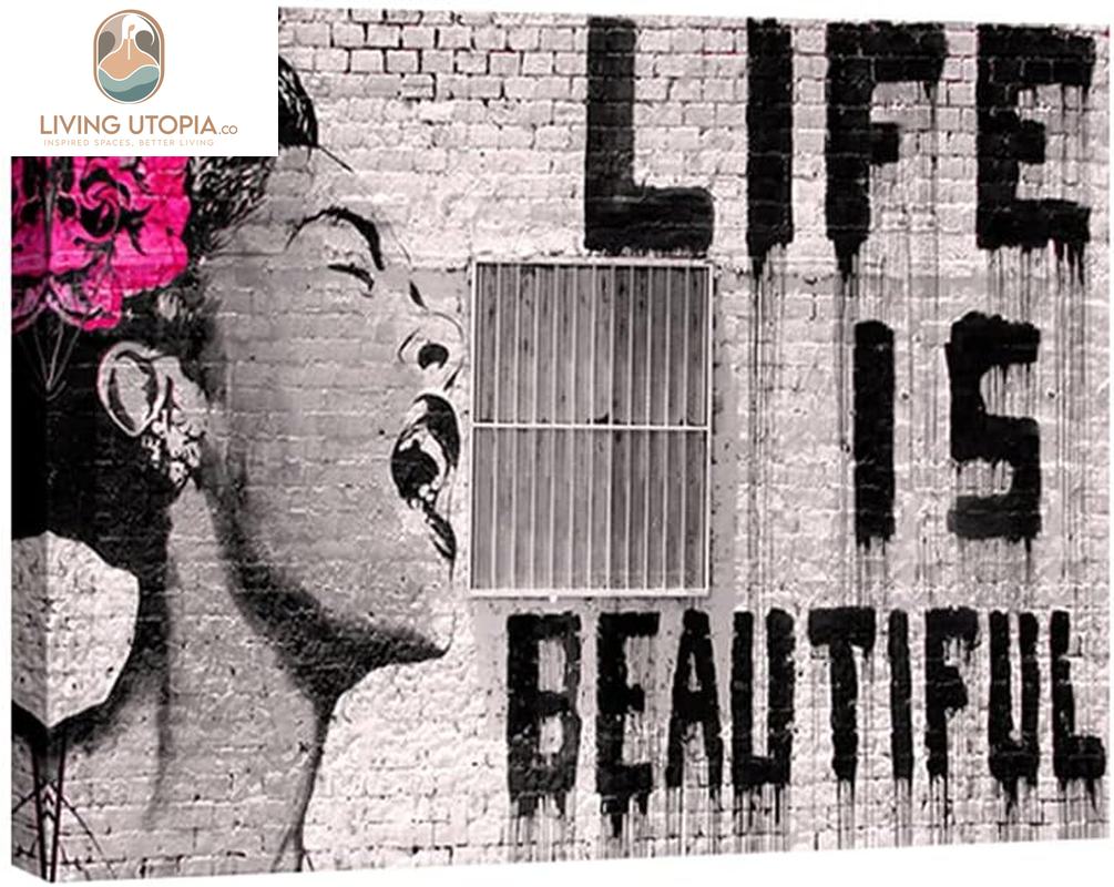 Banksy Life Is Beautiful Modern Gallery Wrapped Giclee Canvas Prints Artwork Grey Love Abstract Pictures Paintings on Canvas Wall Art Ready to Hang for Bedroom Home Office Decorations