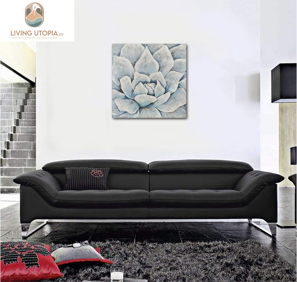 Blue White Succulent Textured Painting Floral Canvas Wall Art Flower Picture Elegant Wall Decor for Living Room Bathroom Bedroom