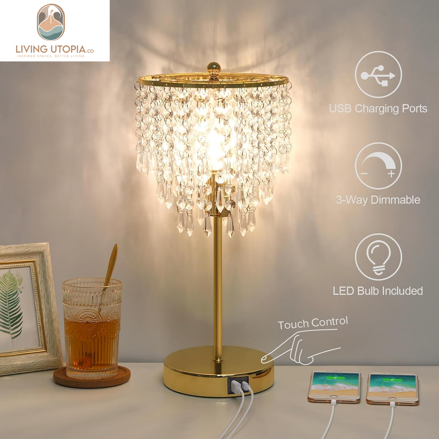 Touch Control Crystal Table Lamp with USB C+A Ports, 3-Way Dimmable Gold Lamp, Bedside Light with Crystal Shade, Girls Lamp for Bedroom, Living Room, Teens Room, Dresser, 6W LED Bulb Included