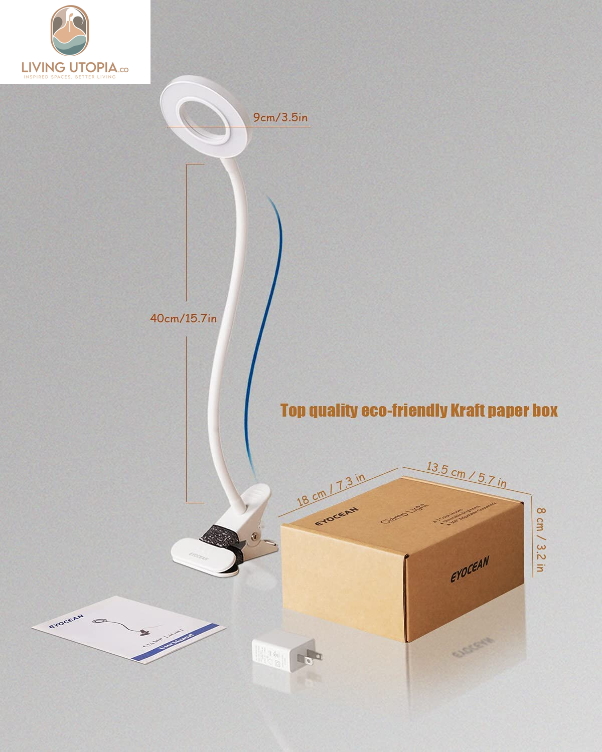 LED Reading Light, Dimmable Clamp Light for Bed Headboard, Bedroom, Office, 3 Modes & 9 Dimming Levels, Flexible Clip Desk Lamp, Adapter Included (Mattewhite)