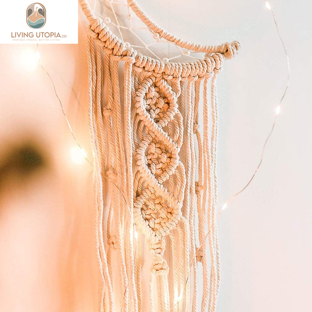 Boho Macrame Woven Wall Hanging, Crochet Crescent Moon Star Dream Catcher with Long Tassel- White Cotton Handmade Bohemian Home Decor Decoration Art Craft for Kids Bedroom Dorm Room