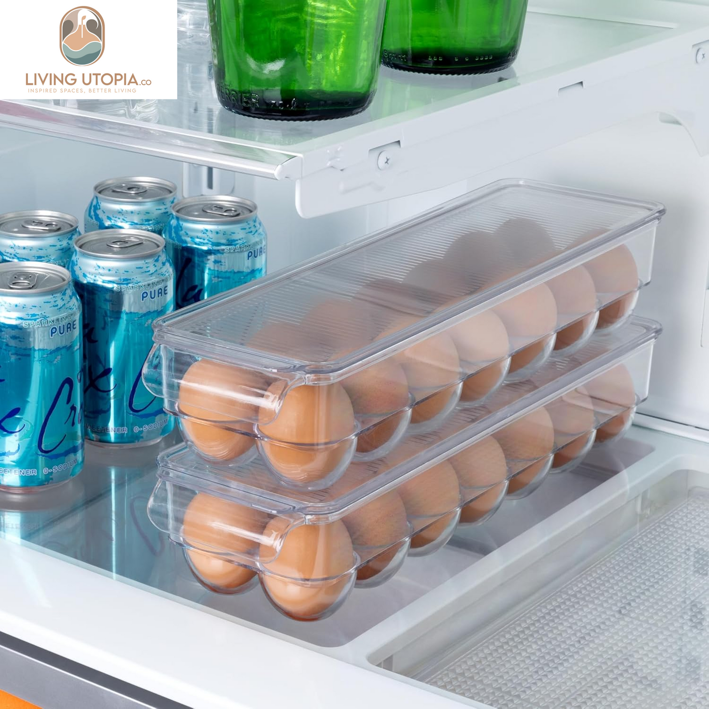 Stackable Refrigerator Egg Holder Bin with Handle and Lid - BPA Free Plastic - Fridge Drawer, Freezer Tray, Kitchen Pantry Storage Container Organizer - 14.65 X 3.25 Inch - Clear