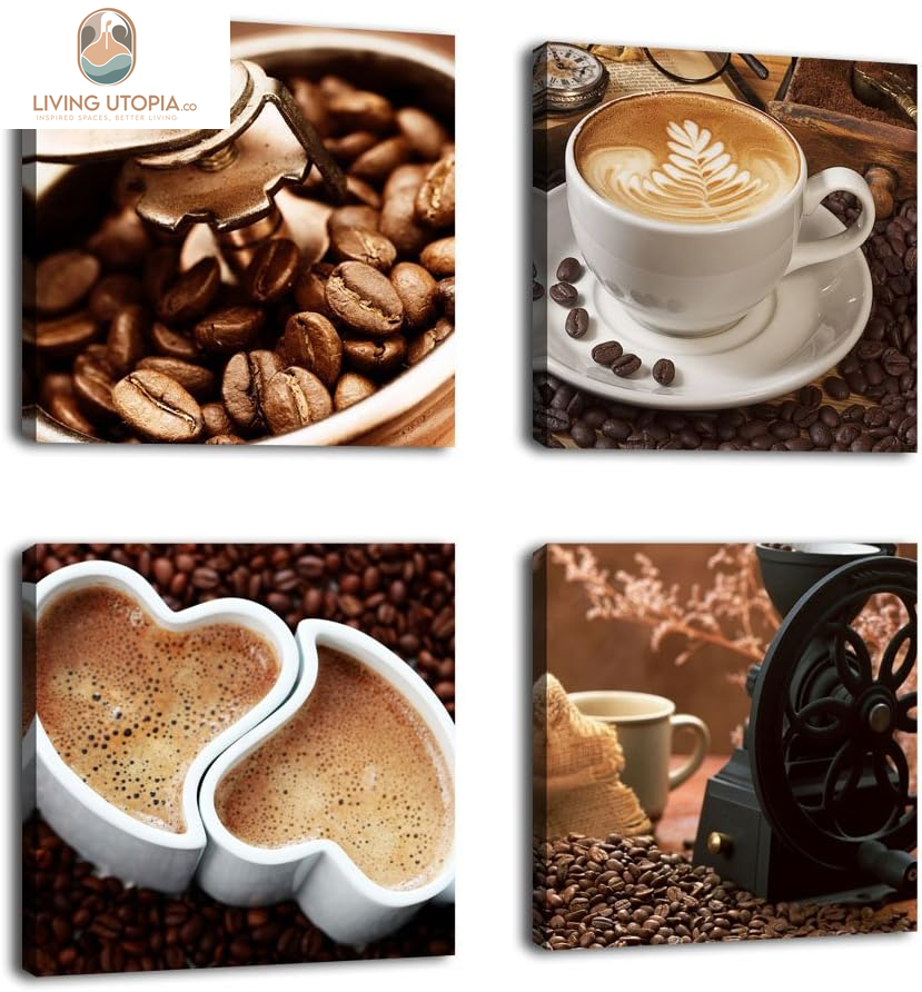 Kitchen Canvas Wall Art Coffee Bean Coffee Cup Coffee Grinder Canvas Pictures Large Modern Artwork Prints for Dining Room Home Decorations 16" X 16" X 4 Pieces Framed Ready to Hang
