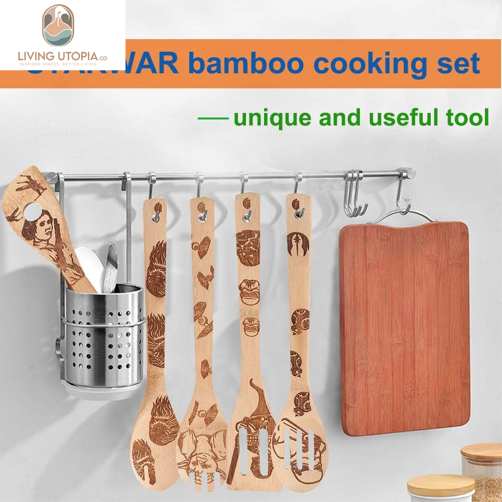 5 PCS Star War Burned Wooden Spoons Cooking Organic Spoons Turners Carved Spatulas Non-Stick for Cookware Kitchen Gadgets - Premium Quality Gifts for Housewarming and Wedding