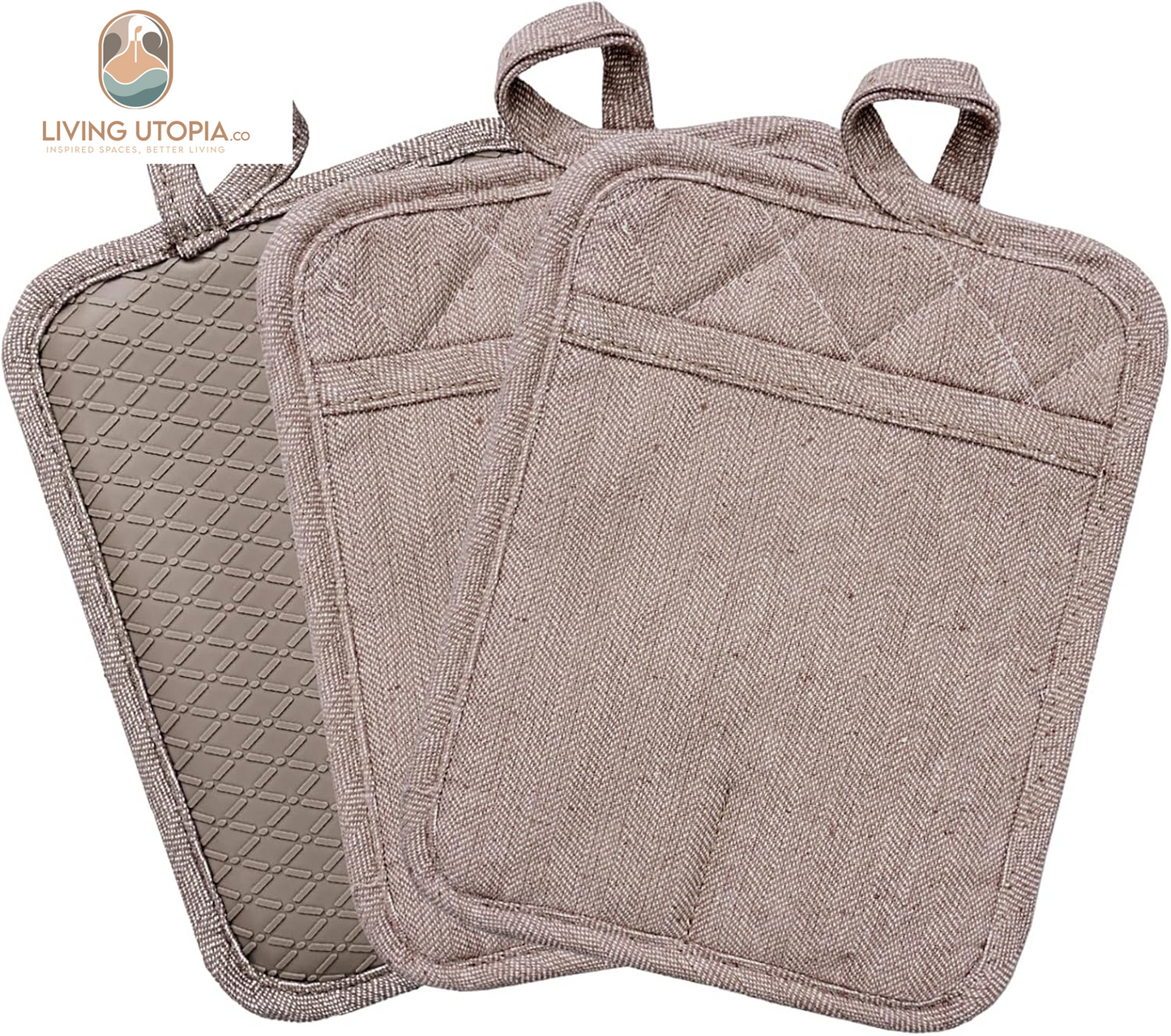 Pot Holders Yarn-Dyed Set of 3 Non Slip Silicone Kitchen Lines Heat Resistant 500℉ Kitchen Gloves BBQ Cooking Baking Cooking Barbecue Microwave Machine Washable (Khaki Pot Holders)