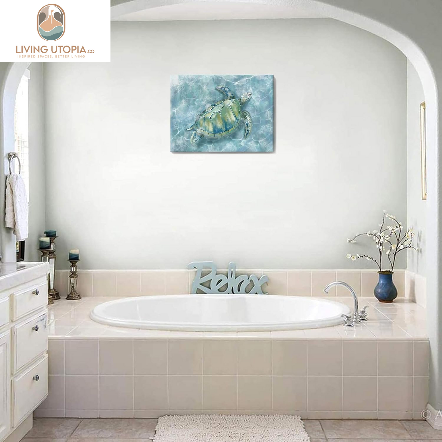 Bathroom Wall Decor Canvas Wall Art for Bedroom Sea Turtle Pictures Blue Coastal Room Decorations Artwork Green Turtle Wall Decorations 16” X 24”