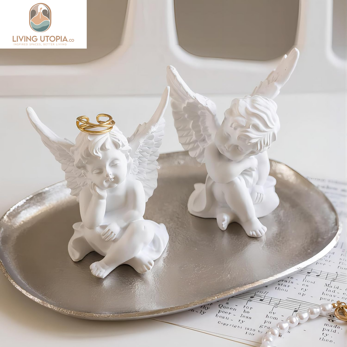 Set of 2 Cherubs Angels Resin Statue Figurine, Indoor Home Decoration, Adorable Angel Sculpture Memorial Statue 4" - White