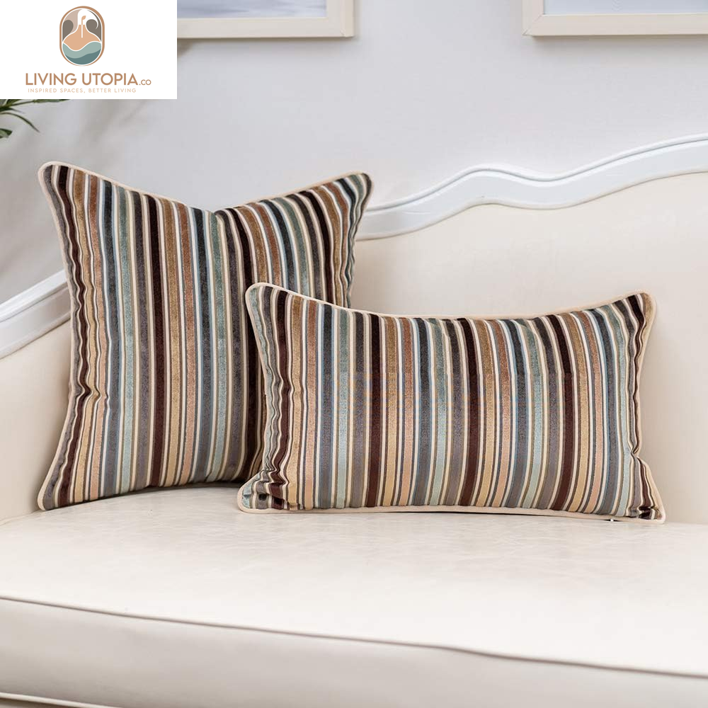 Brown Striped Throw Pillow Cover Multicolor Velvet Cushion Cover Zippered Rectangular Pillowcase for Sofa Couch Bedroom Living Room Home Decoration, 12X20 Inch
