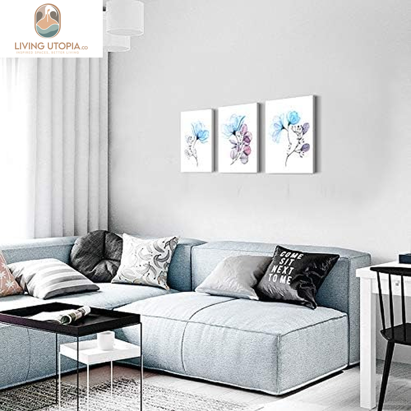 3 Piece Modern Blue Flowers Canvas Wall Art for Bedroom Living Room Decor,Bathroom Wall Decor,3 Panels Framed Wall Watercolor Painting Kitchen Home Decoration Canvas Print Artwork Wall Mural