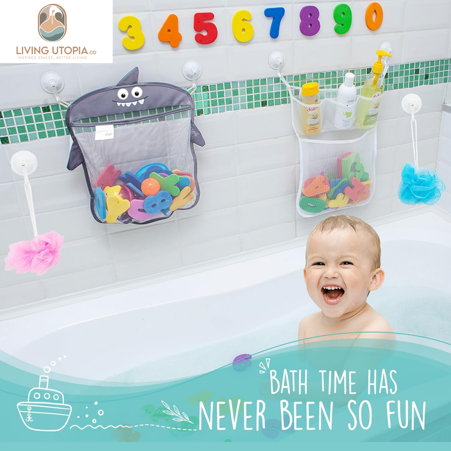 Baby Bath Toy Organizer - Shark +36 Bath Letters & Numbers +Extra Bath Toy Storage Net & 10 Strong Hooks, Great Bath Net for Kids, Cute Bathtub Toy Organizer and Bath/Shower Caddy Solution