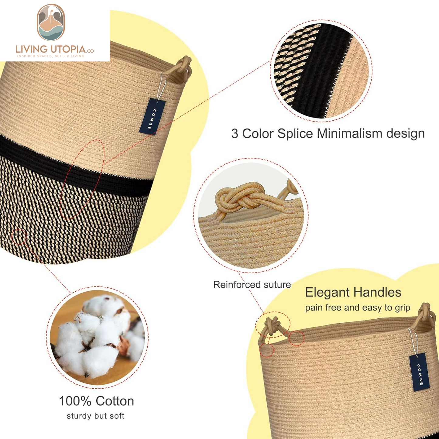Extra Large Blanket Basket, Tall Storage Basket,15.7”X 21.7”, Large Laundry Basket, Tall Basket, Rope Basket, XXXL Laundry Basket, Toy Basket, Woven Basket, Clothes Baskets, Blend Brown/Black