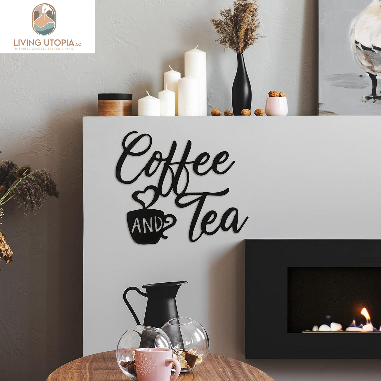 Coffee Sign Metal Hanging Wall Art 12 X 10.2 Inch Black Wall Decor Cafe Bar Letter Sign for Cafe Farmhouse Kitchen(Coffee and Tea)