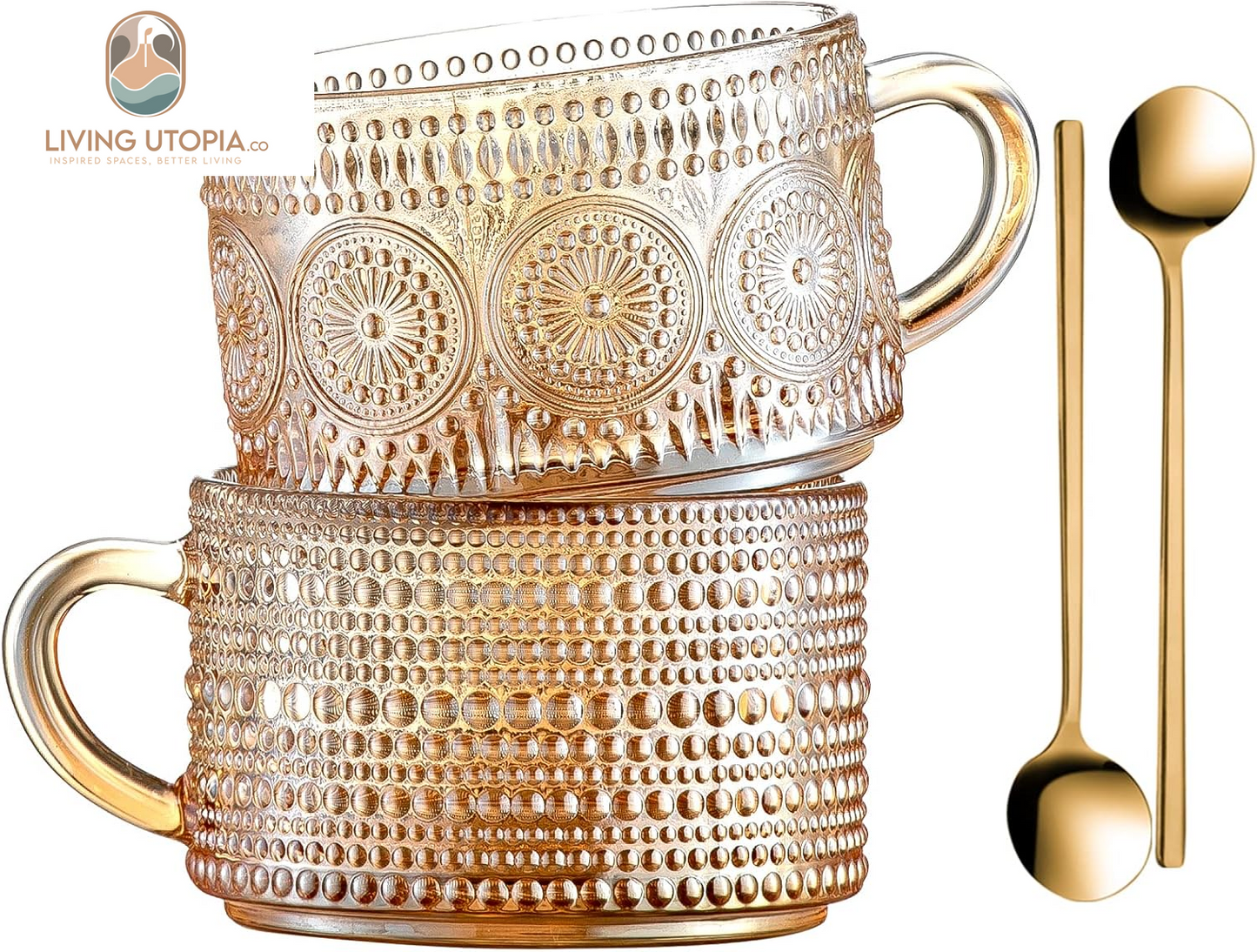 Vintage Coffee Mugs 14 Oz Set of 2 Amber Embossed Glass Tea Cups for Cappccino, Latte,Cereal, Yogurt, Beverage Christmas Thanksgiving Day Gifts