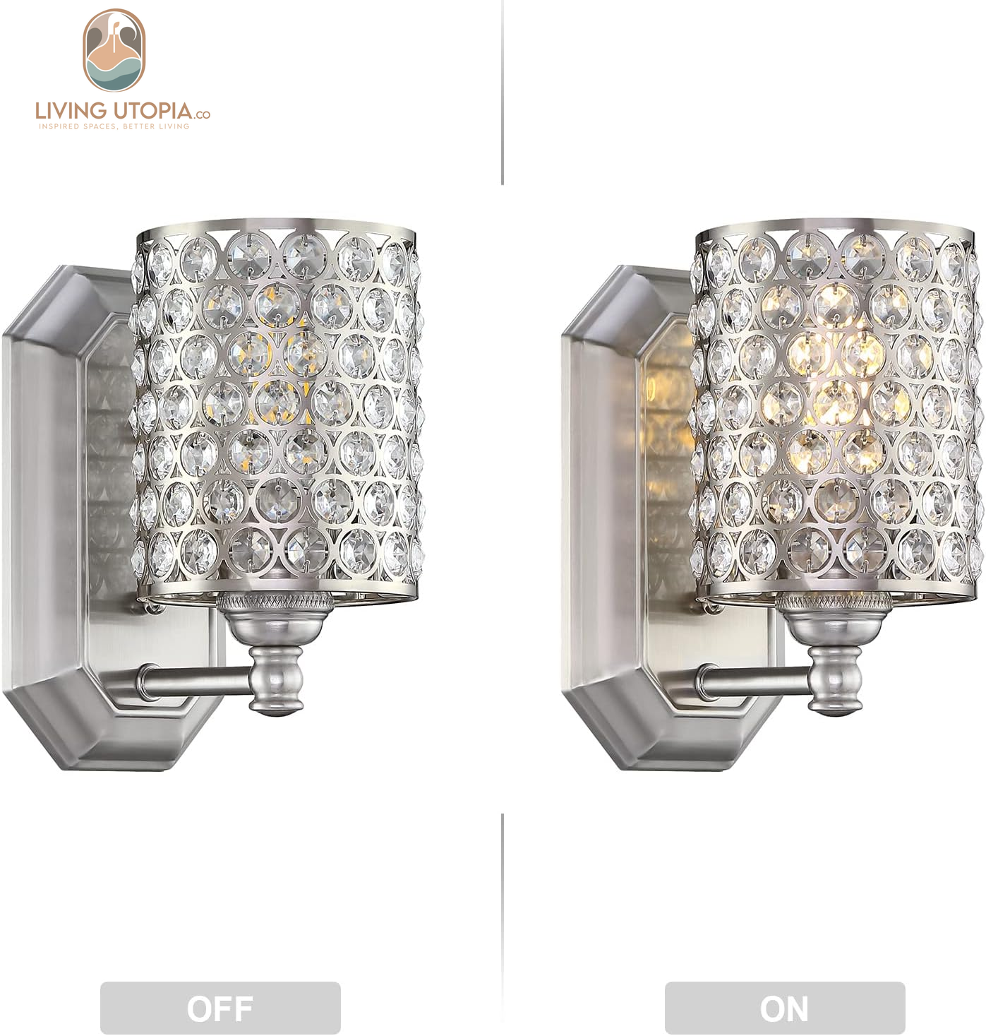 2 Pack 1 Light Crystal Wall Sconce Lighting with Brushed Nickel Finish,Modern Concise Style Wall Light Fixture Polyhedral Crystal Shade for Bathroom, Bedroom Living Room Bedside