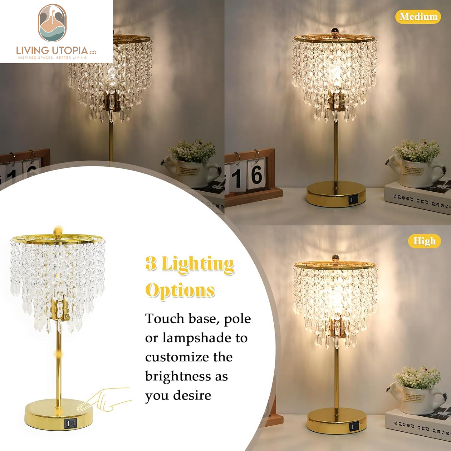 Touch Control Crystal Table Lamp with USB C+A Ports, 3-Way Dimmable Gold Lamp, Bedside Light with Crystal Shade, Girls Lamp for Bedroom, Living Room, Teens Room, Dresser, 6W LED Bulb Included