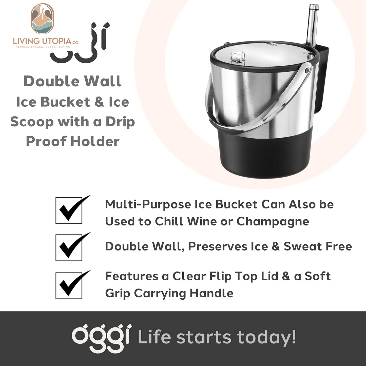 Insulated Ice Bucket, 4 Quart / 3.8 L, Stainless Steel, Black.