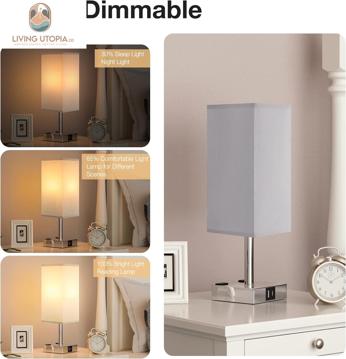 【Upgraded】Bedside Table Lamp Touch Control, with USB C+A Charging Ports & Dual AC Outlets, 3-Way Nightstand Lamp for Bedroom with Lampshade Living Room Office(Led Dimmable Bulb Included)